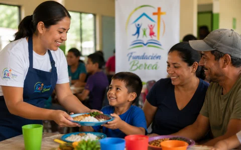 Voluntaria de Fundación Beréa sirviendo un plato a un niño