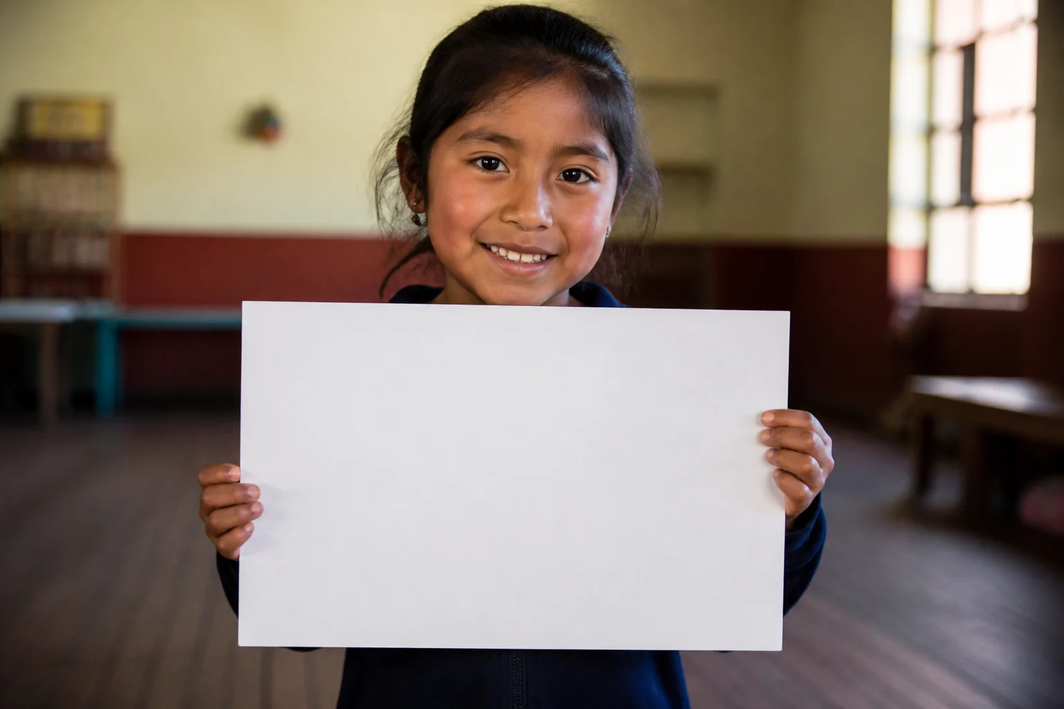 Niña de Fundación Beréa sosteniendo un cartel que dice: ¡Gracias por creer en mí!