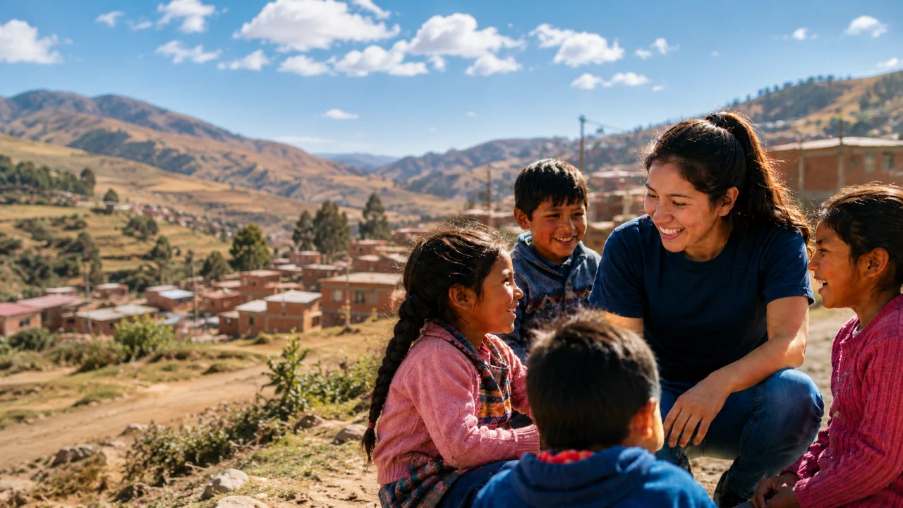 Voluntaria de Fundación Beréa compartiendo con niñas y niños en Oruro, Bolivia