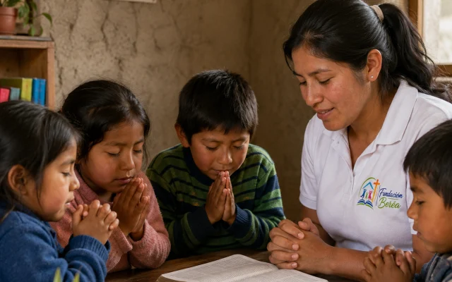Oración con niños en una visita de misión en Iroco