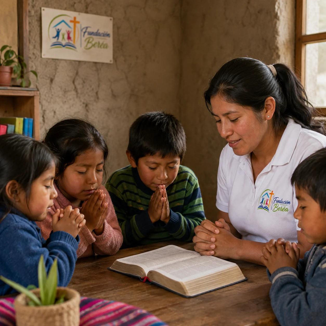 Momento de oración con niños de Fundación Beréa