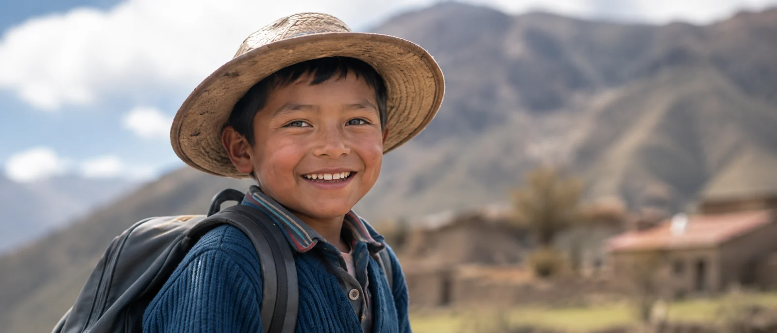 Niño de Fundación Beréa sonriendo con sombrero de paja