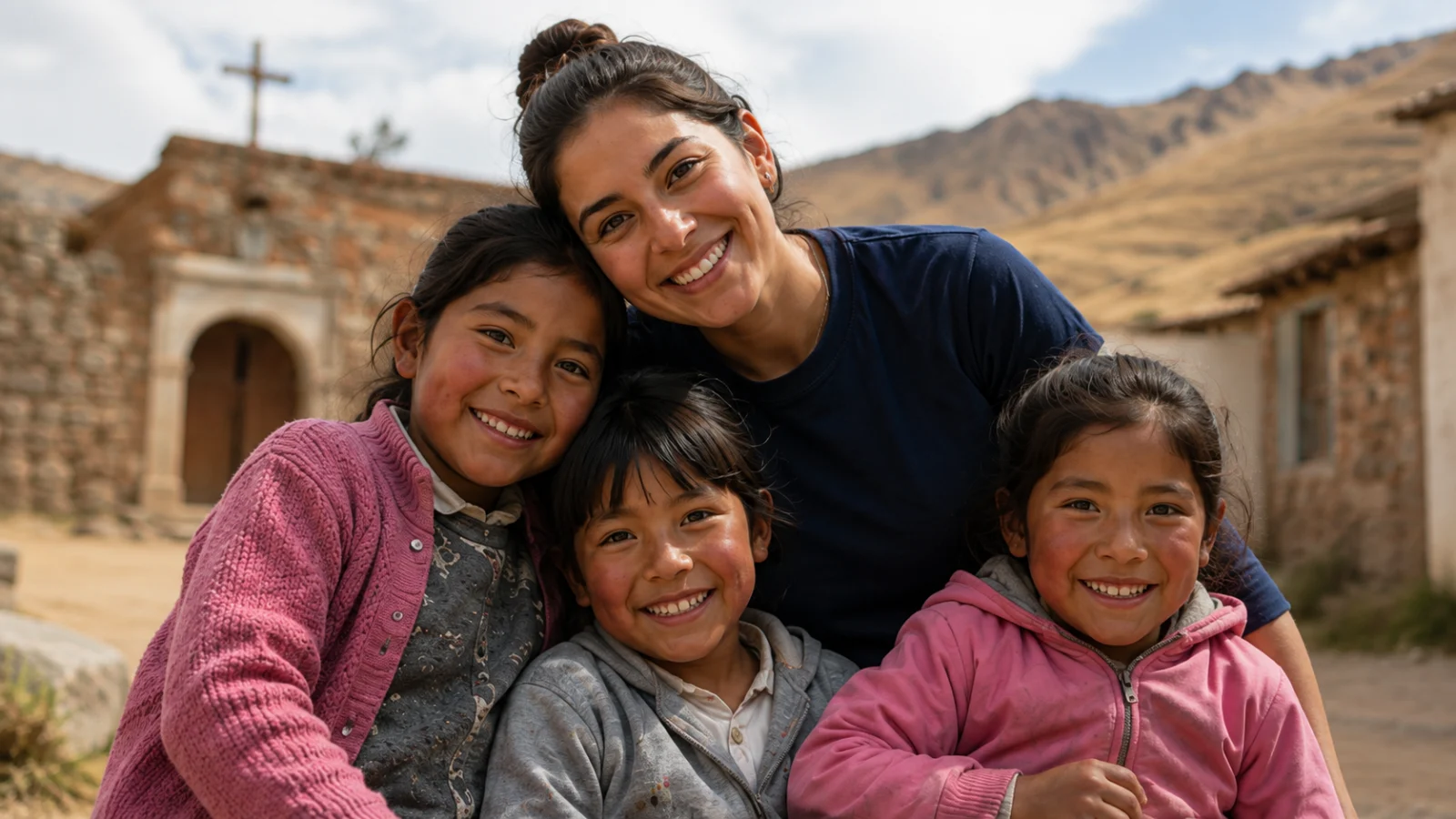 Voluntaria de Fundación Beréa abrazando a niñas en comunidad
